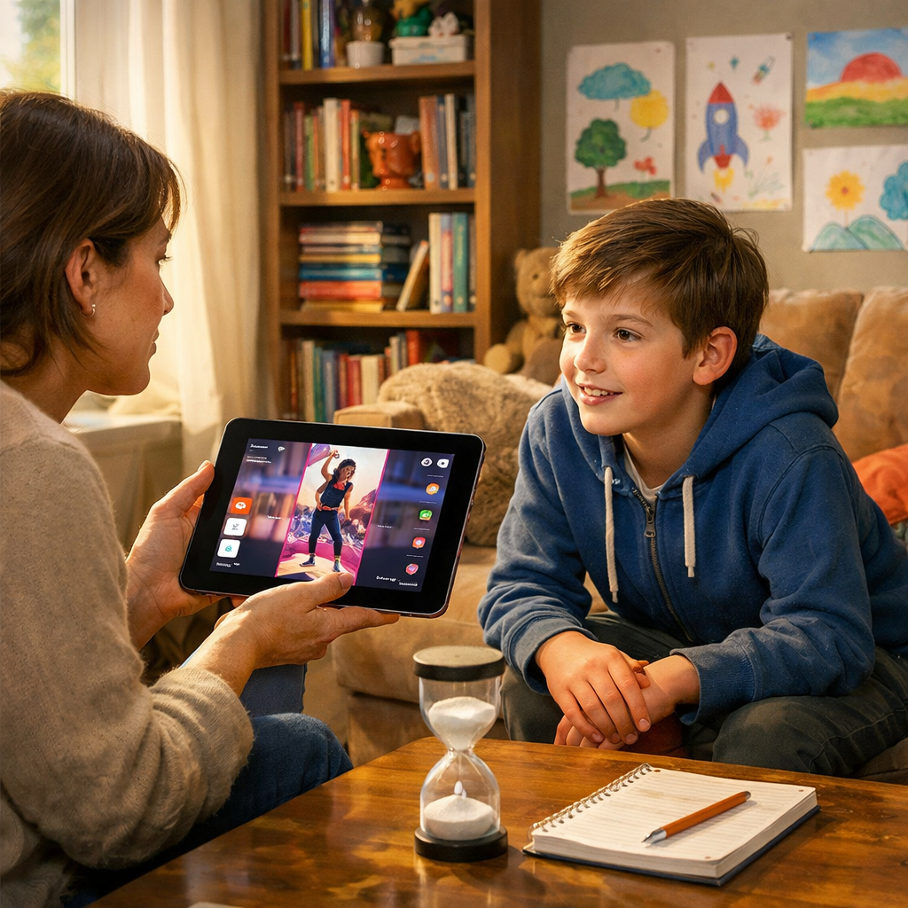 a parent and a boy in a livingroom