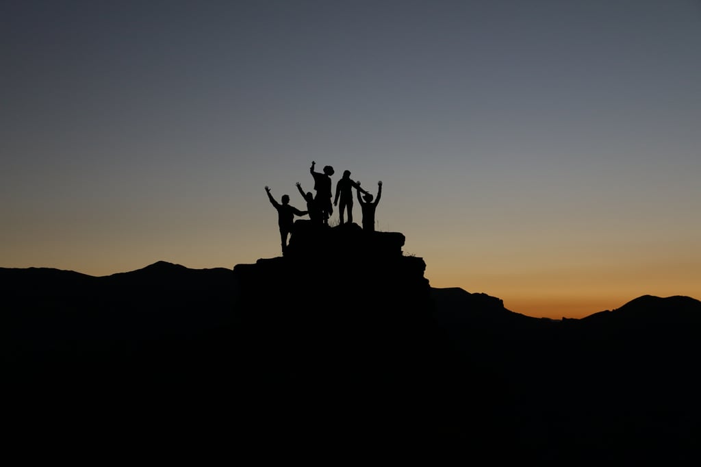 team, hill, sunset